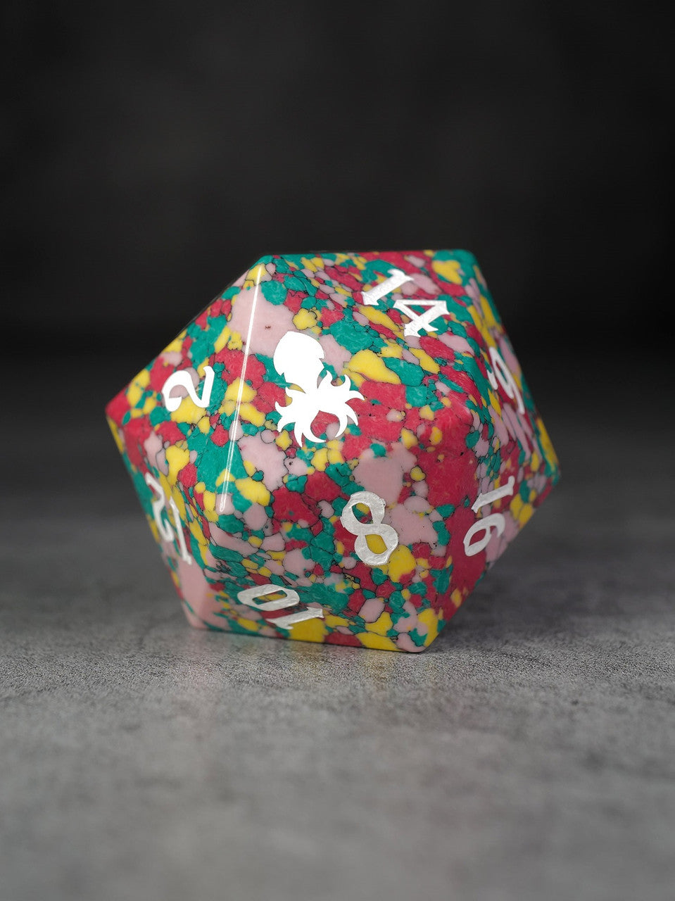 40mm Teal Pink Red Mosaic Semi-Precious Single D20 with White Ink